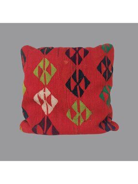 Vintage 80s Kilim Pillow Red Woven Wool Hand Folk Square